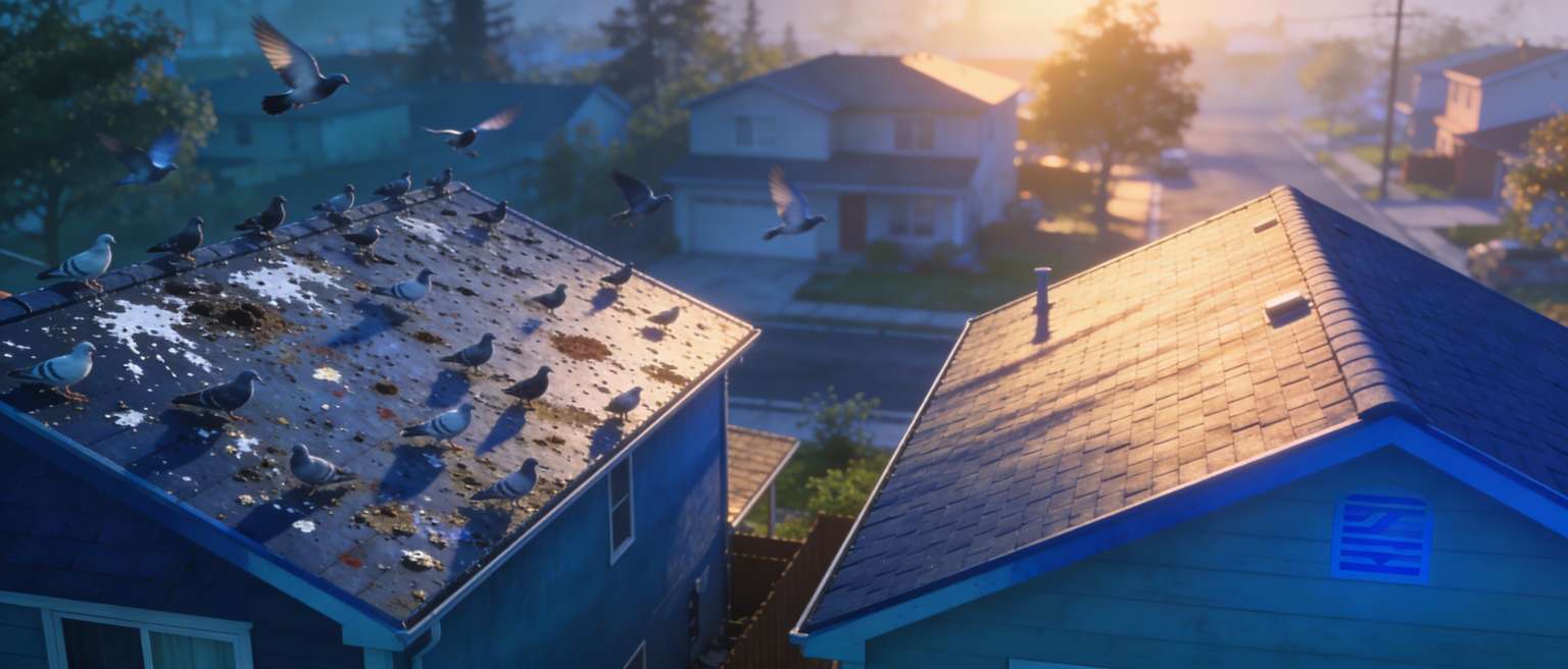 Telhado infestado de pombos vs telhado limpo com Bird Control